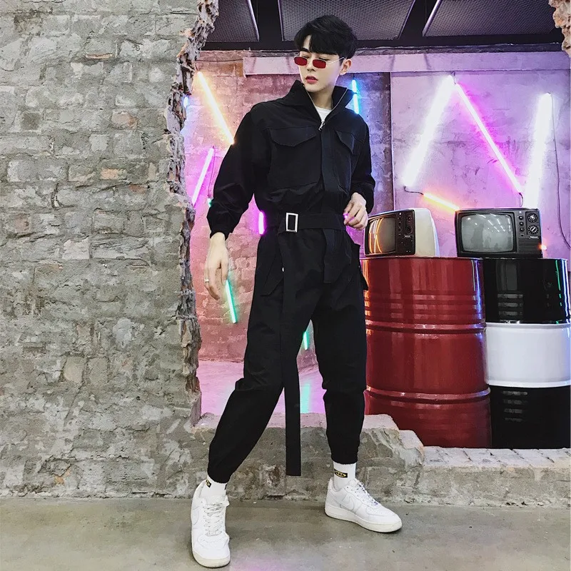 

Fashion Mens Long Sleeve One Piece Hoody Overalls Belted Cargo Jumpsuit Hip Hop Harajuku Joggers Rompers Man Safari Jumpsuits