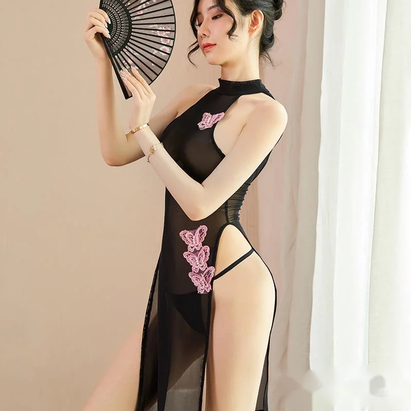 

Nikoana Women Cosplay Costume Sexy Erotic Lingeries Club Wear Maid Waitress Uniform Black White Qipao Cheongsam Dress