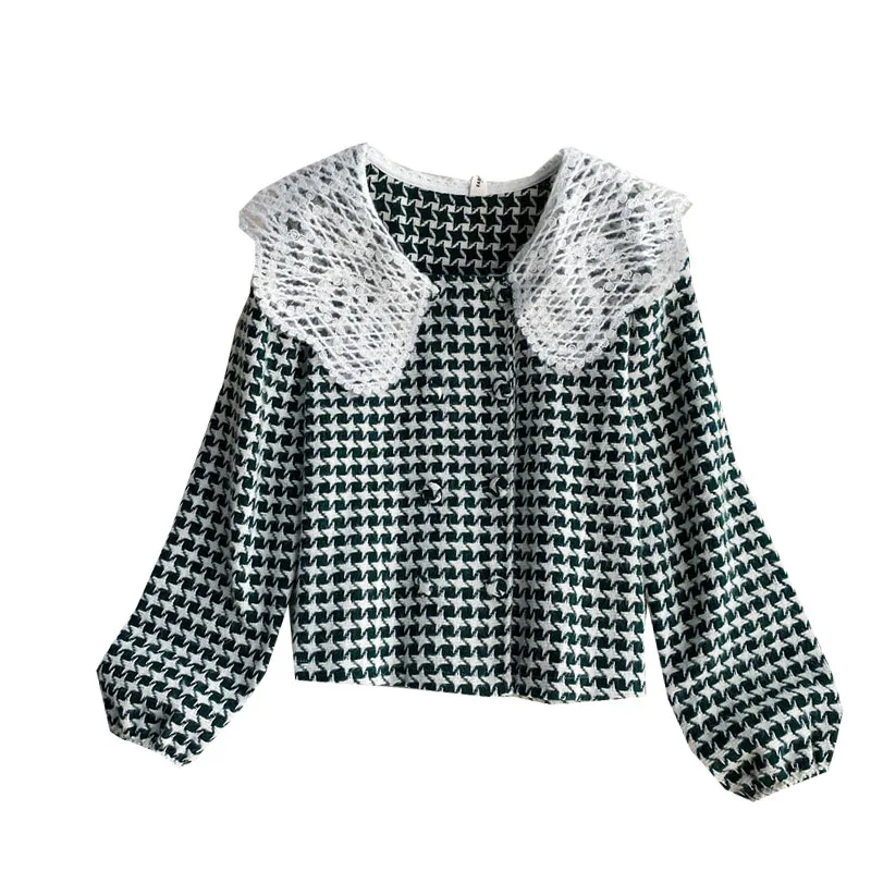 

2020 Autumn and Winter New Korean Version of Wild Loose Short Tops Sweet Doll Collar Plaid Woolen Coat Women UK227