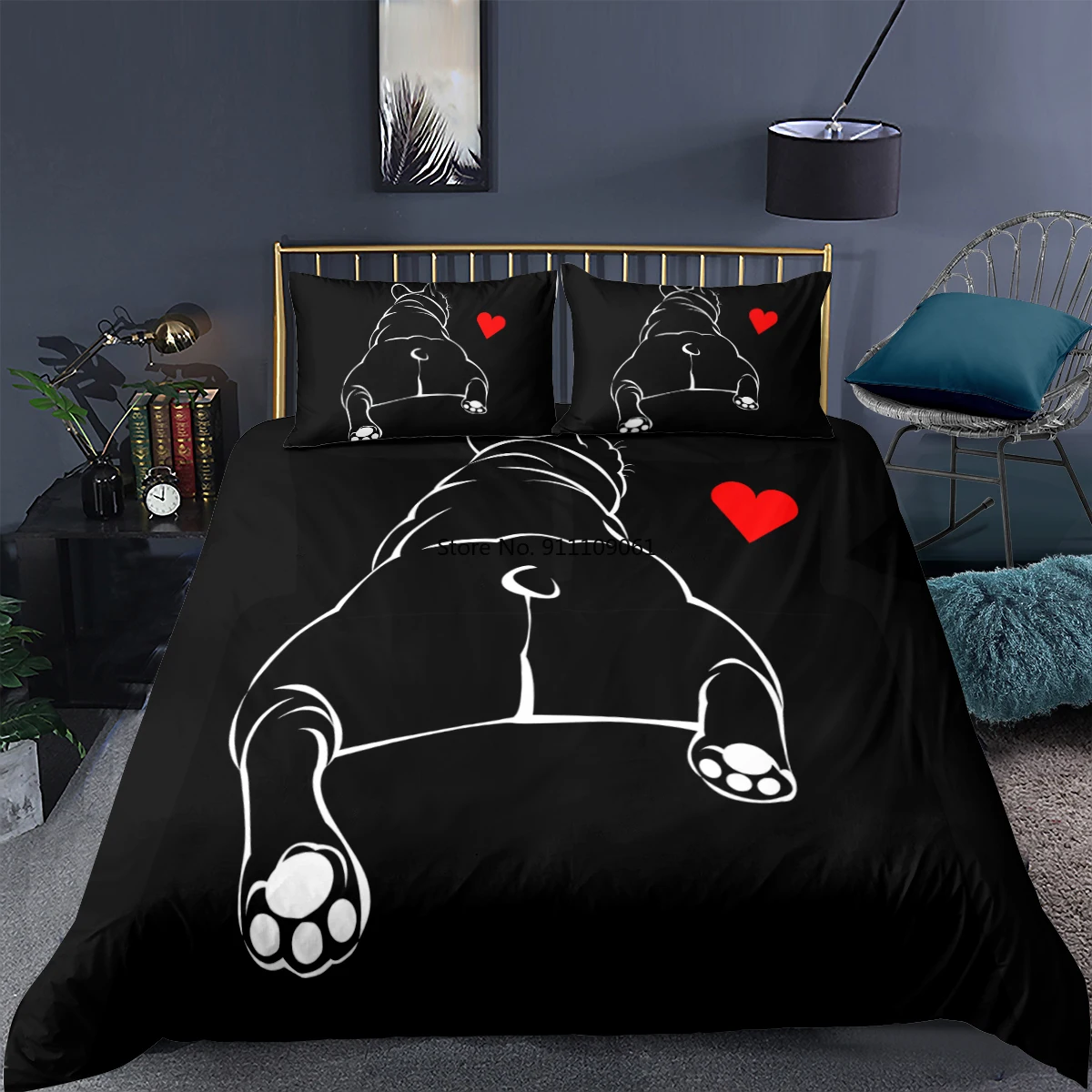 

Black Child Bedding 3D Dog Loving Heart Printed Duvet Cover Pillowcase Soft Quilt Cover Single Twin Double Queen Full King Size