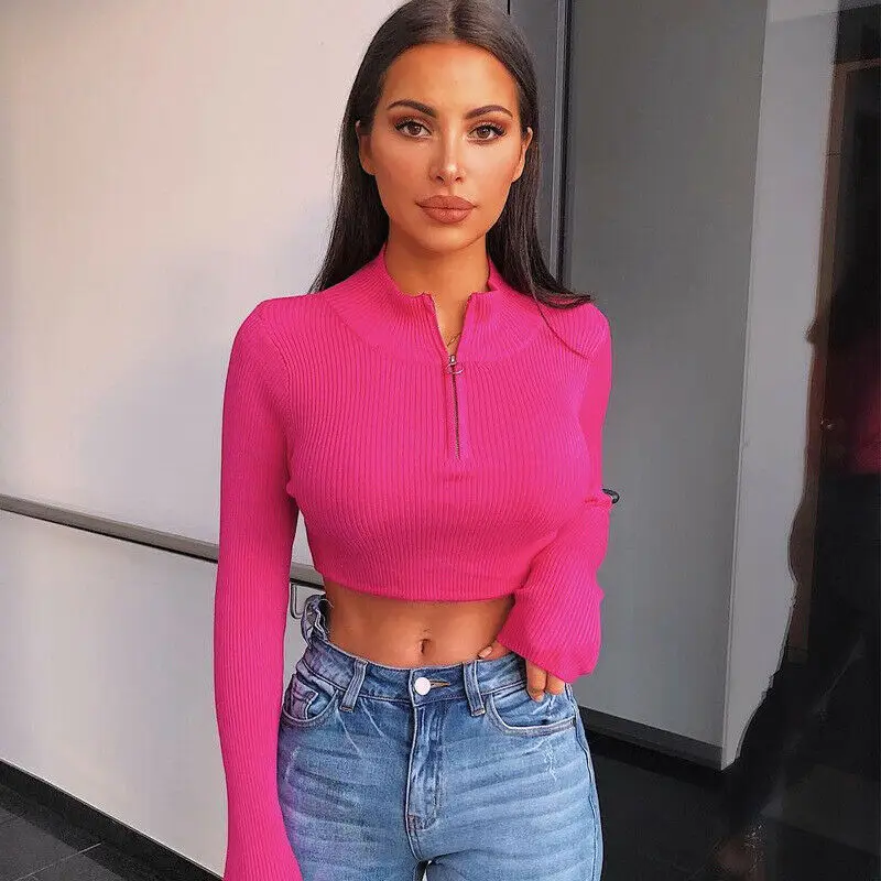 

Fashion Women's Zipper Tops Ladies Sexy Cropped Navel Shirts Casual Long Sleeve Blouse Bright Solid Color Slim Top Sweatshirts