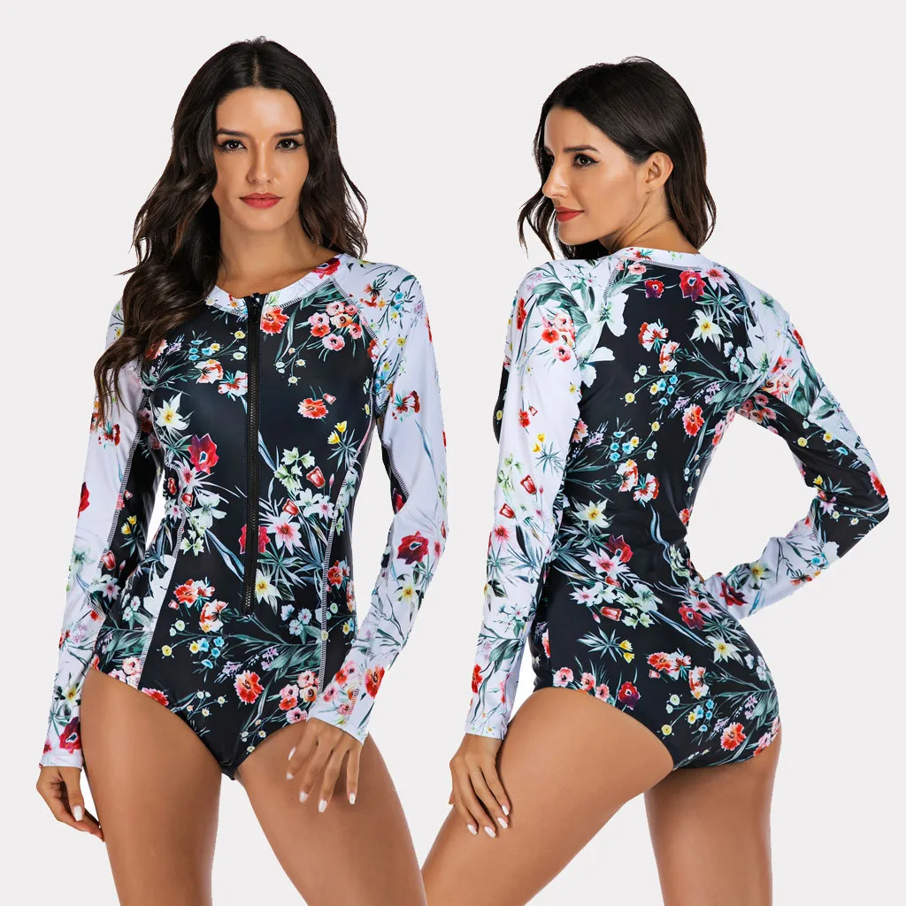 Женский Цельный купальник с длинными рукавами и принтом для дайвинга серфинга