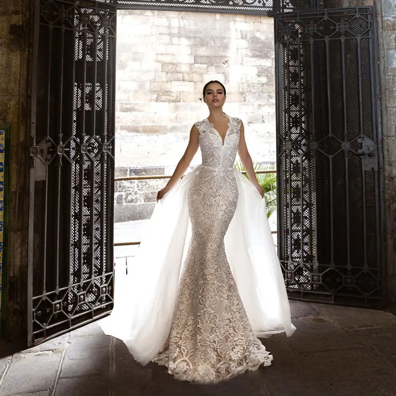 

Luxury Mermaid Wedding Dresses Sleeveless V Neck Removable Train 2 In 1Robe de mariée Lace Applique Sweetheart Gowns Tailor-made