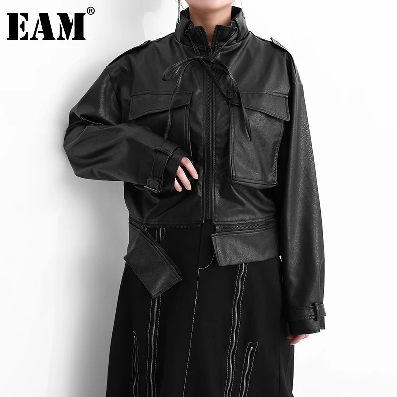 

[EAM] Loose Fit Pu Leather Big Size Black Jacket New Stand Collar Long Sleeve Women Coat Fashion Spring Autumn 2021 1DD503101