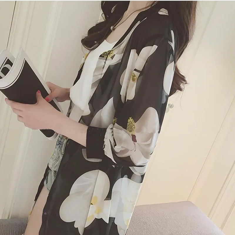 Женская Летняя Пляжная накидка кимоно с цветочным принтом| |