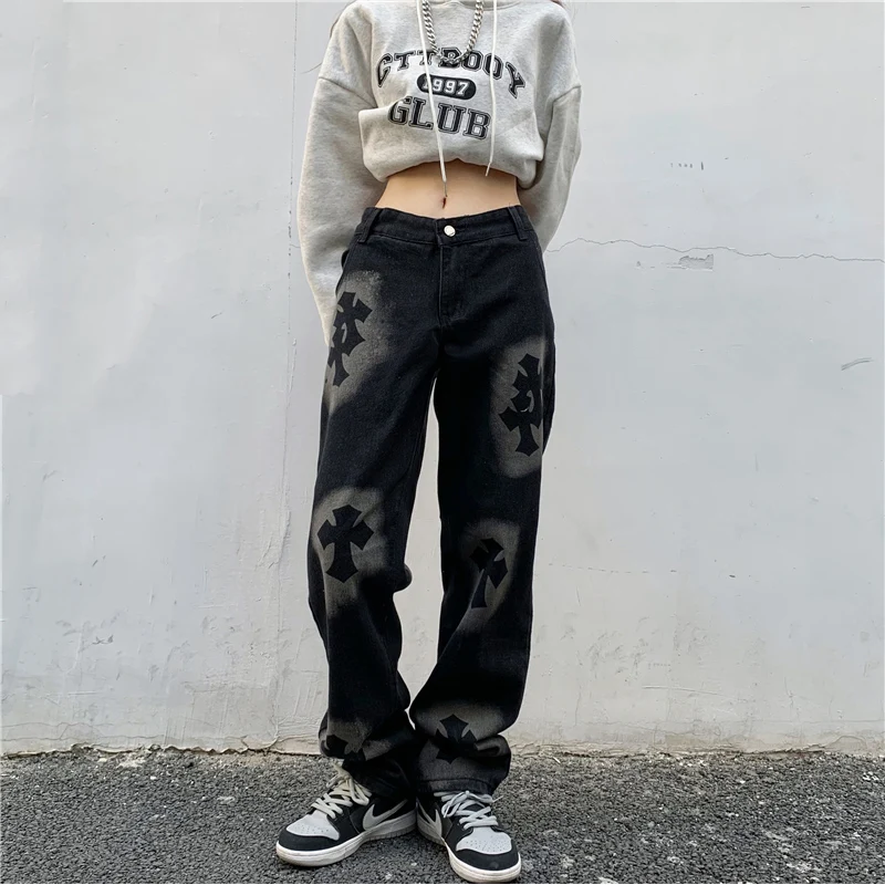 Джинсы с перекрестным принтом уличная одежда в стиле хип-хоп свободные брюки