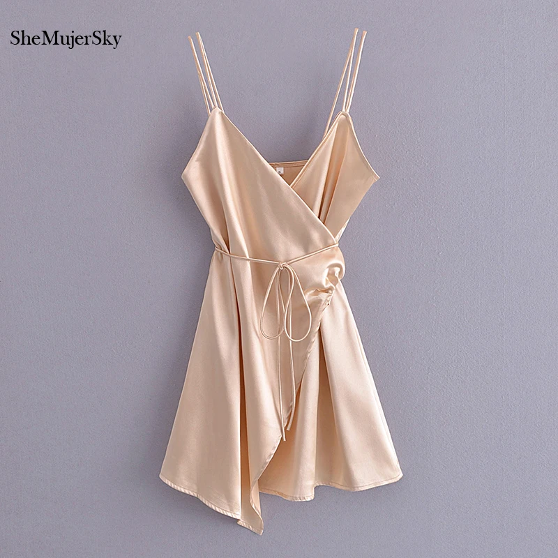 

SheMujerSky Women Camisole Satin Dresses Summer Sleeveless V-neck Mini Dress 2021 Khaki Wrap Dress Vestidos