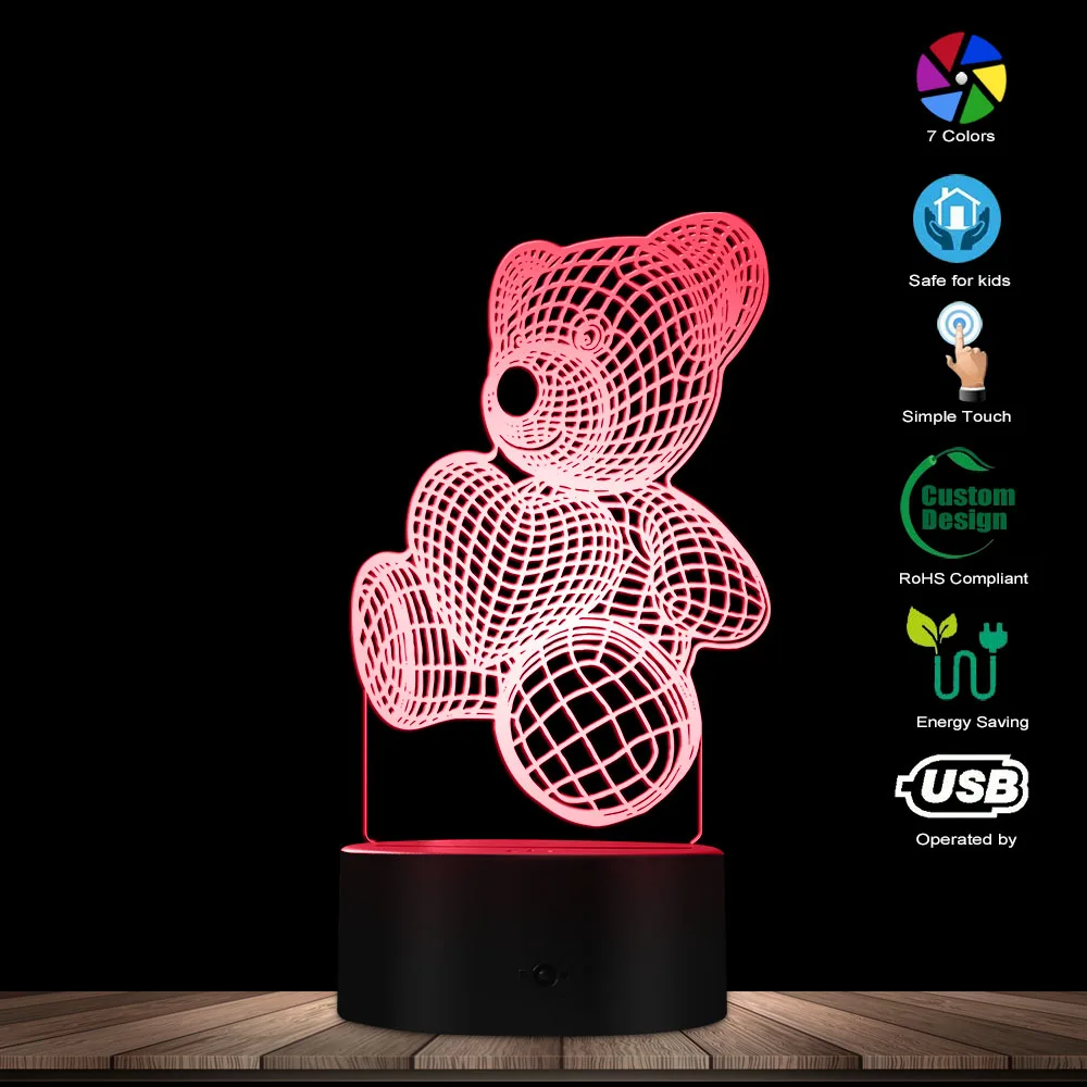 Симпатичный медведь с любящим сердцем 3D эффект Оптическая иллюзия светильник