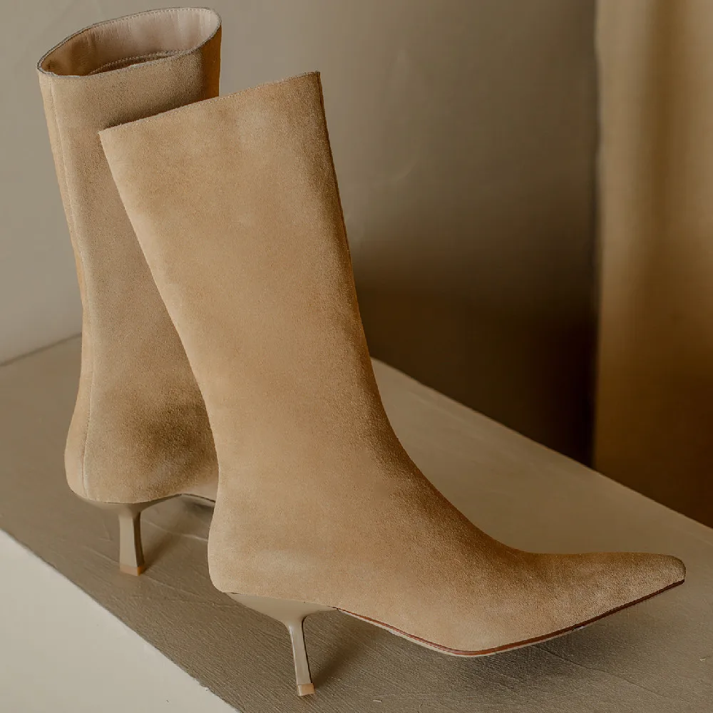 

Women's natural suede leather thin high heel elegant ladies slim mid-calf boots pointed toe female comfortable half boots shoes