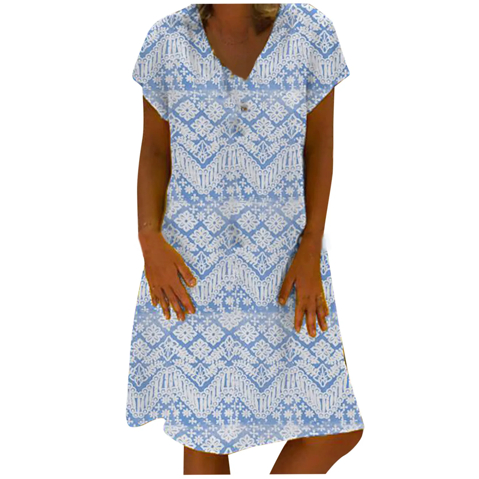 

Boho Women Summer Dress Vintage V-Neck Folk-Custom Print Loose Short Sleeved Dresses Casual Loose Beach Dress Ladies Sundress