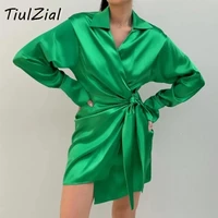tiulzial green long sleeve satin wrap mini dress nothed lace up bandage short party dress high waist shirt dresses women sexy