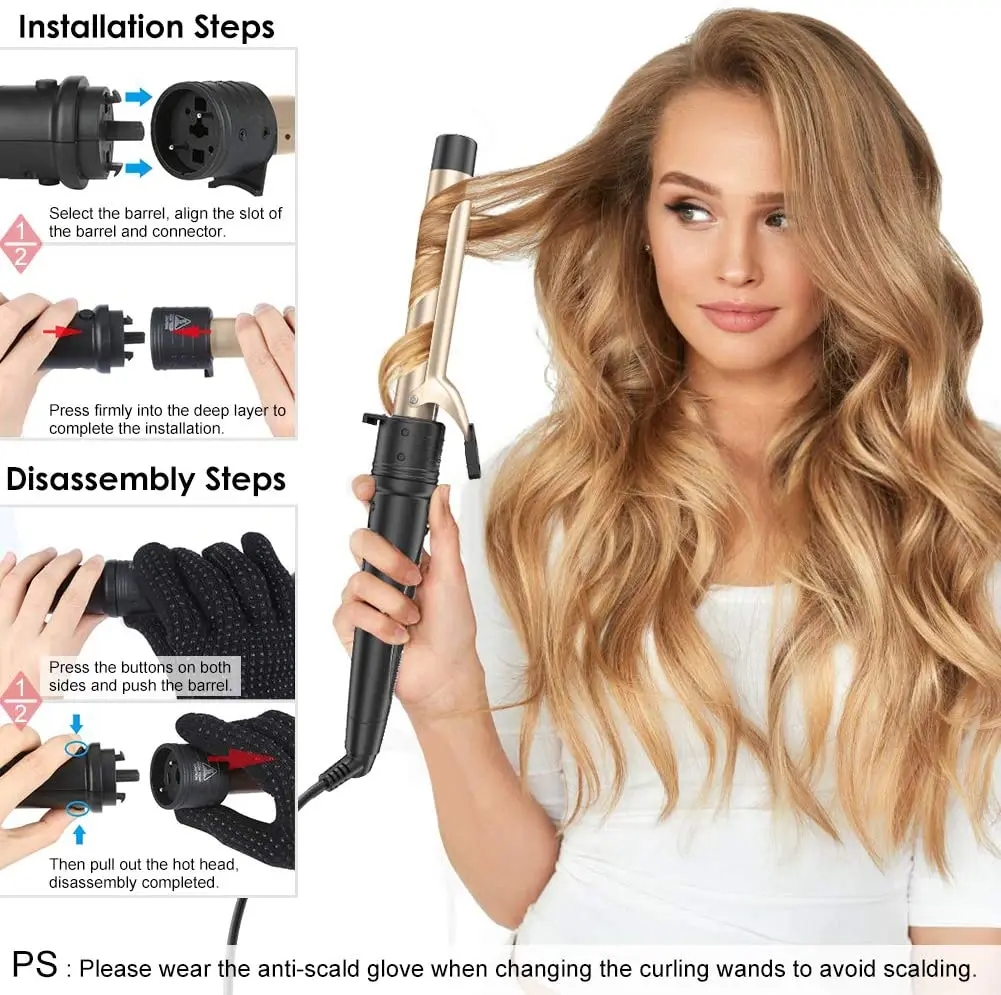 

6 in 1 Curling Wand Set with 6 Interchangeable Ceramic Barrels with Anti-scalding Tip (0.35'' to 1.25'') and Heat Resistant