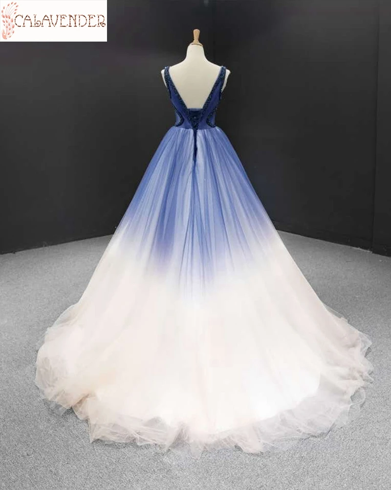 V-Neck Ball Gown Prom Dresses Contrast Color Beaded Evening Dresses Sleeveless Ruffle Tulle Robe De Soiree
