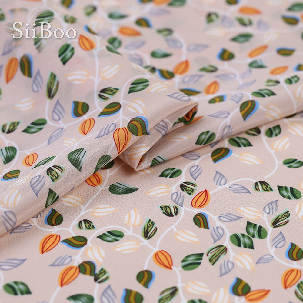 Пасторальная оранжевая зеленая ткань с принтом листьев 100% Шелковая