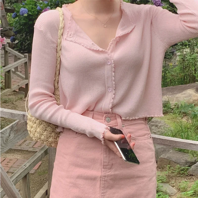 

Korean Chic Autumn Fresh Lovely Petal Edge Ribbed Short Knit Cardigan Long Sleeve Thin Sweater Coat Women Knitwear Crop Top