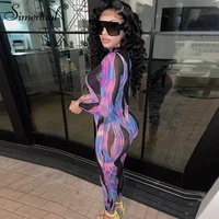 simenual mesh printing long sleeve womens jumpsuits see through bodycon tight one piece outfit sexy night bodystocking clothing