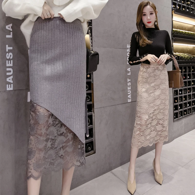 

2020 New Autumn Winter Women Reversible Knitted Skirt Korean Fashion High Quality Lace Patchwork Slim Long Skirt