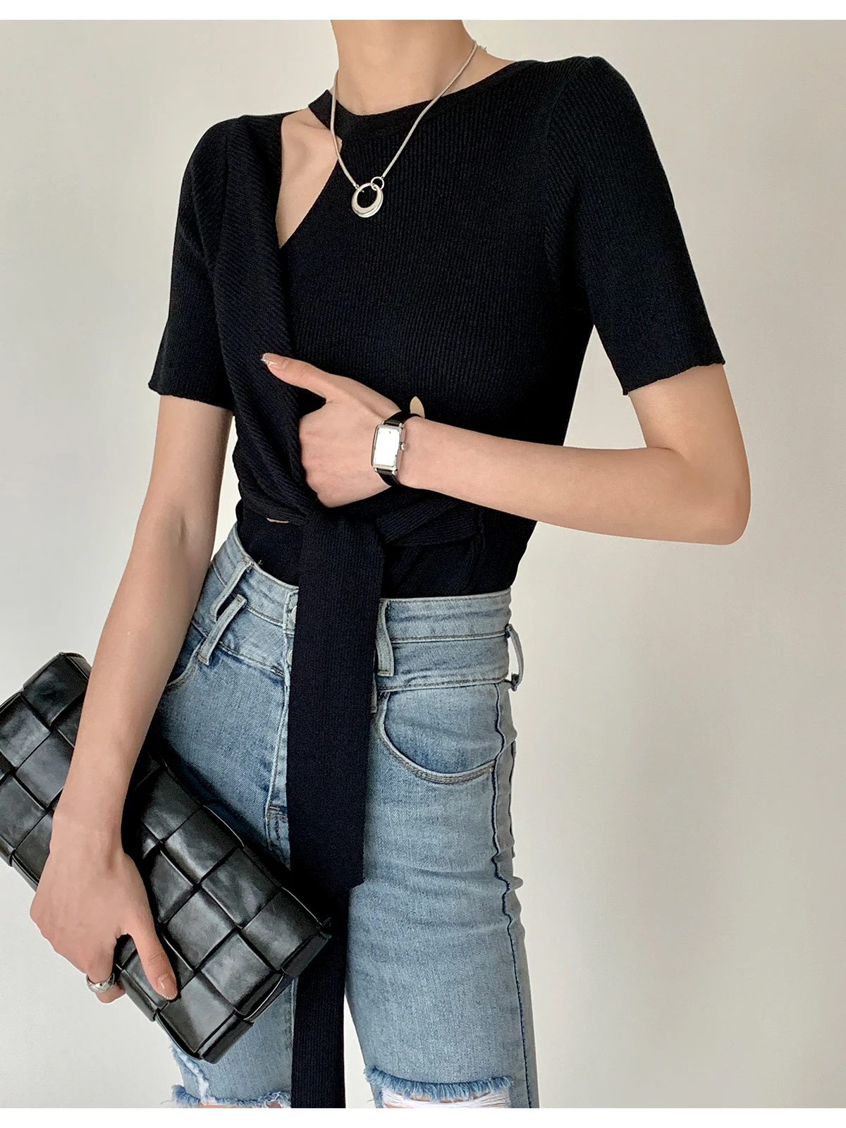 

HESAPP Lace-up knitted short-sleeved T women's camiseta slim slimming blusas design off-shoulder corset top streetwear aesthetic