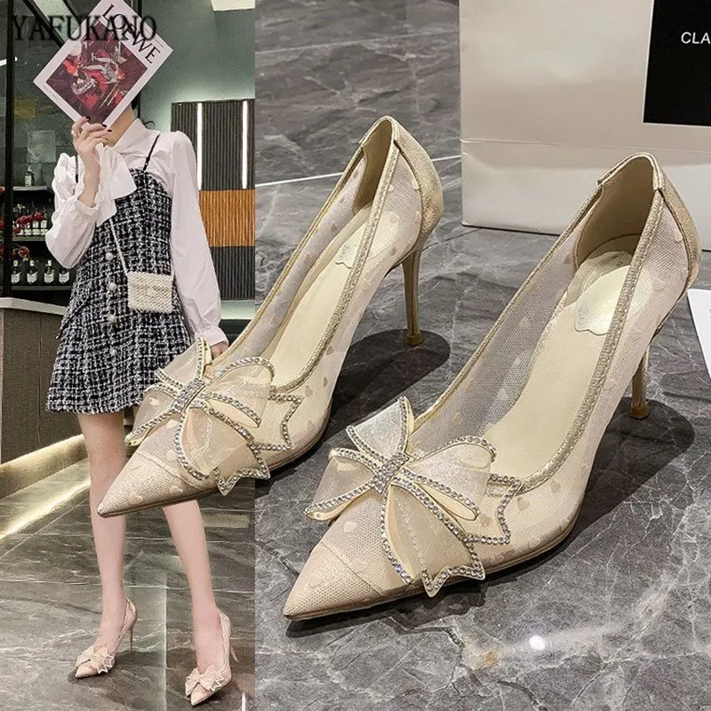 

Sexy Rhinestone Butterfly-Knot Bridesmaid Wedding Shoes Elegant Pointed Toe Mesh Ladies Pumps Thin Heels High Heels Party Dress