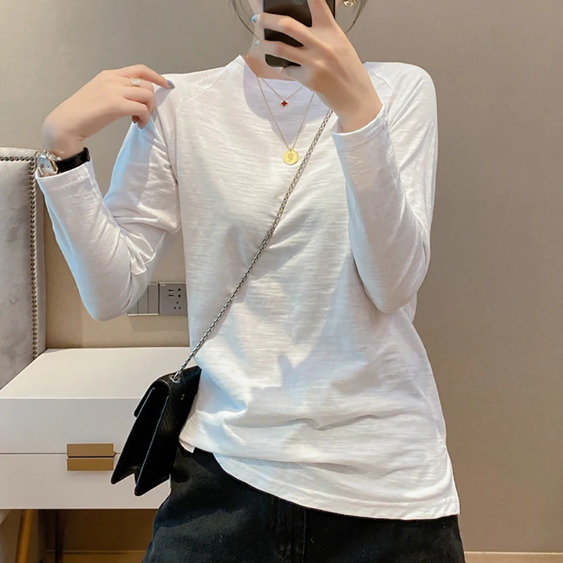 

Plain White Cotton Women Long Sleeve T Shirt Spring Autumn 2020 Fashion Soft O Neck Korean Plus size Tshirt Women Poleras Mujer