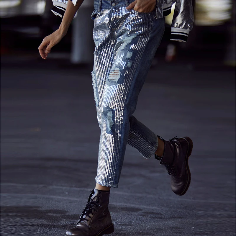 Женские рваные джинсы с блестками | Женская одежда