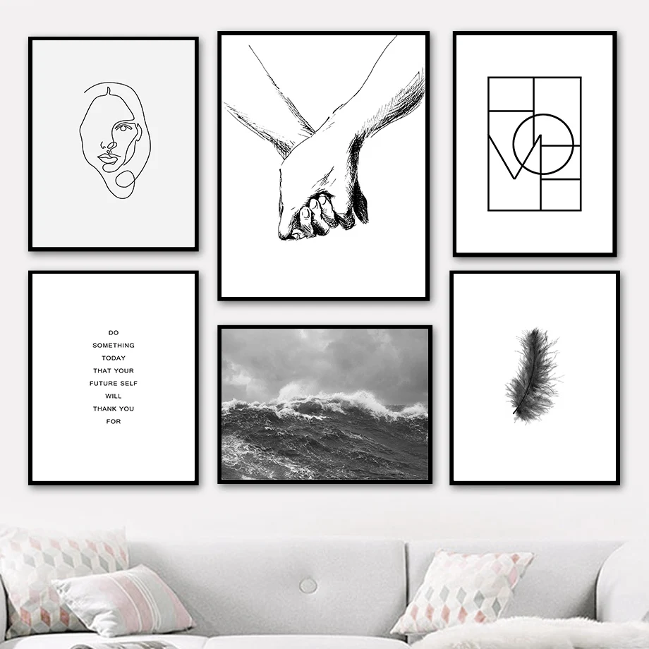 

Black White Line Sea Waves Feather Hand Wall Art Canvas Painting Nordic Posters And Prints Wall Pictures For Living Room Decor