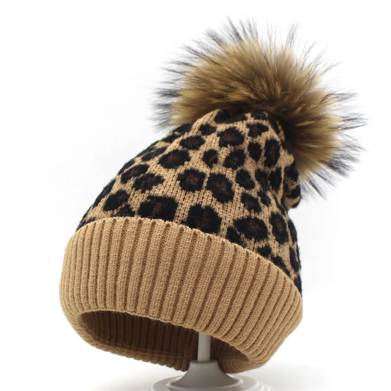 Женские шерстяные шапки с принтом Модные леопардовые вязаные помпоном из