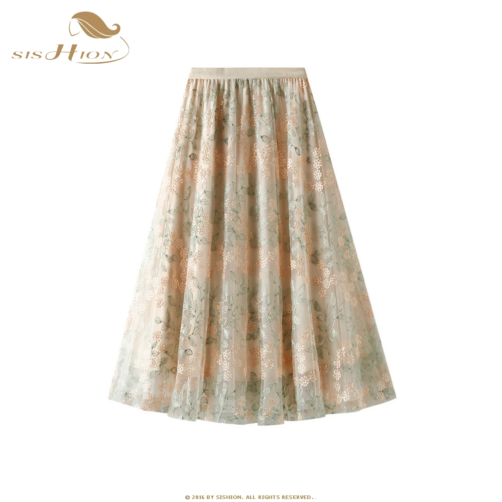 

SISHION 2022 Spring Mesh Floral Skirt SP1450 Women Sweet High Waist Temperament A-line Midi Skirt Soft Girl Fairycore Summer
