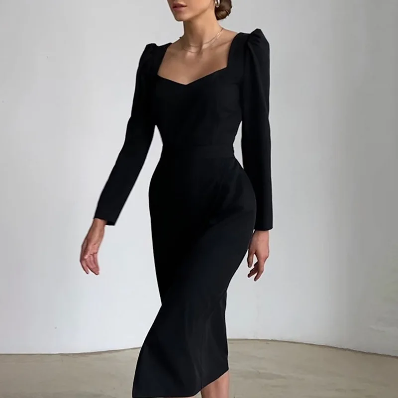 

Elegant Women Dress 2021 Square Collar Bodycon Dress Women Long Sleeve Casual Solid Black Split Slim Maxi Party Women Dresses