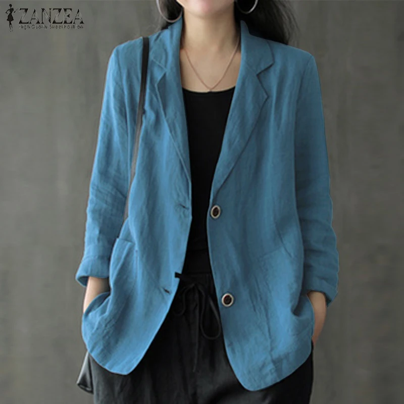 

2021 Autumn OL Suit Blazers Casual Solid Lapel Thin Blazer ZANZEA Women Long Sleeve Cotton Linen Coats Female Jackets Outwear