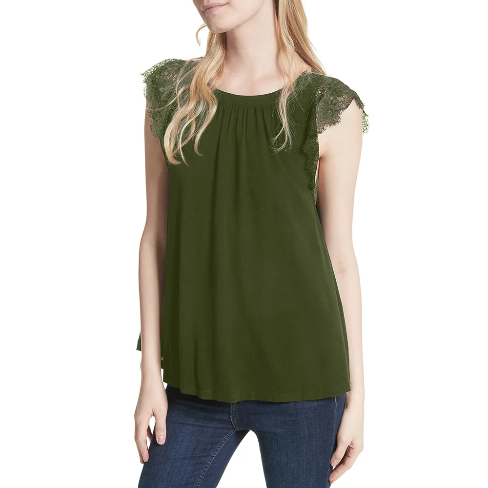 

MAIDANGDI Woman Vest Summer 2020 V-neck Short Sleeve Solid Color Lace Printing Double-sided Loose Top Plus Size T Shirt