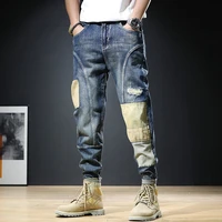 men baggy jeans streetwear pants summer vaqueros clothing hip hop fashion patchwork ripped jean straight leg blue denim trousers