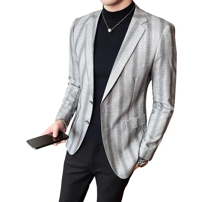 

Men business suit jacket gray Wide Stripes Classic Style double Buttoned Men Blazer fashion young slim high-end men clothing