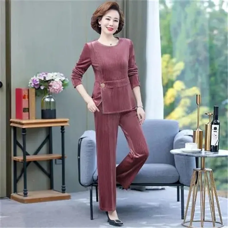 

Mother spring O-Neck 2 piece outfits Loungewear middle-aged straight leg two piece Trendy for plus size matching sets women