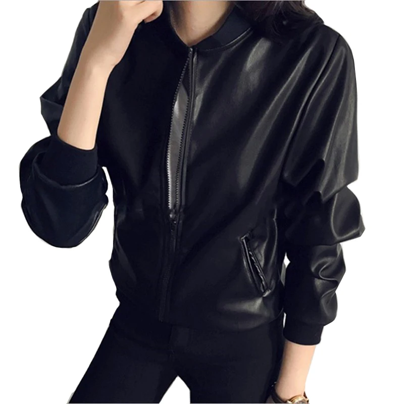 

Female Spring Autumn PU Leather Zipper Jacket Long Sleeved Coat Slim Black Motorcycle Jackets Harajuku Outerwear