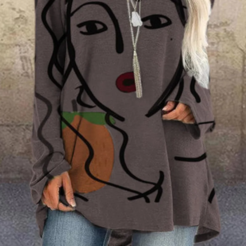 

Fashion Ovesize Women Long T-Shirt Abstract Face Print Tops Casual Loose Autumn Tshirt o Neck Long Sleeve Street Pullover Tee