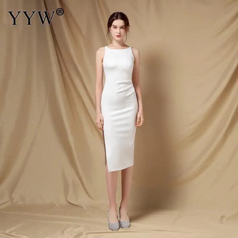 

Kiss Me Elegant Slim Chic Dress Women Wedding Party Dresses Back Zipper Side Slit Mid Dresses For Evening Lady White Slip Dress