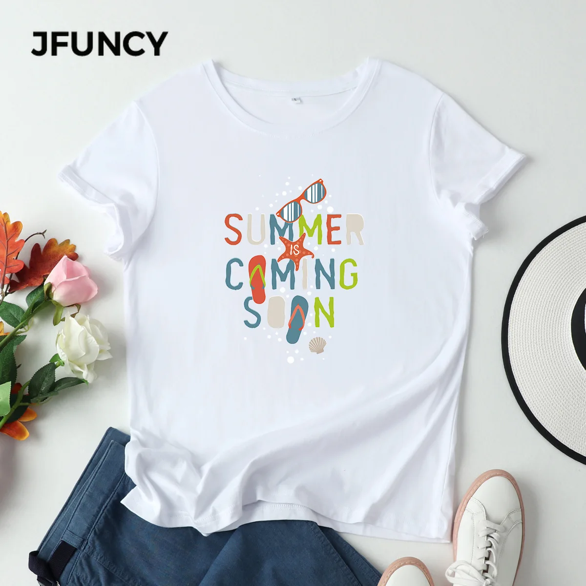 

JFUNCY Oversized Cotton T-Shirt Women Graphic Tee Shirts Harajuku Pineapple SUMMER Print Woman Top Casual Female Clothing