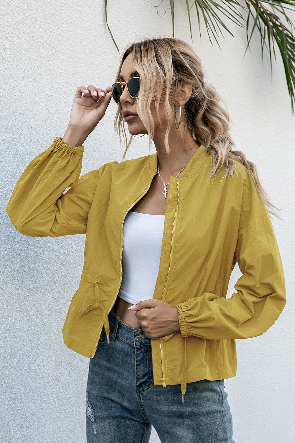 

2020 autumn and winter new waist slim collarless solid color zipper short coat women