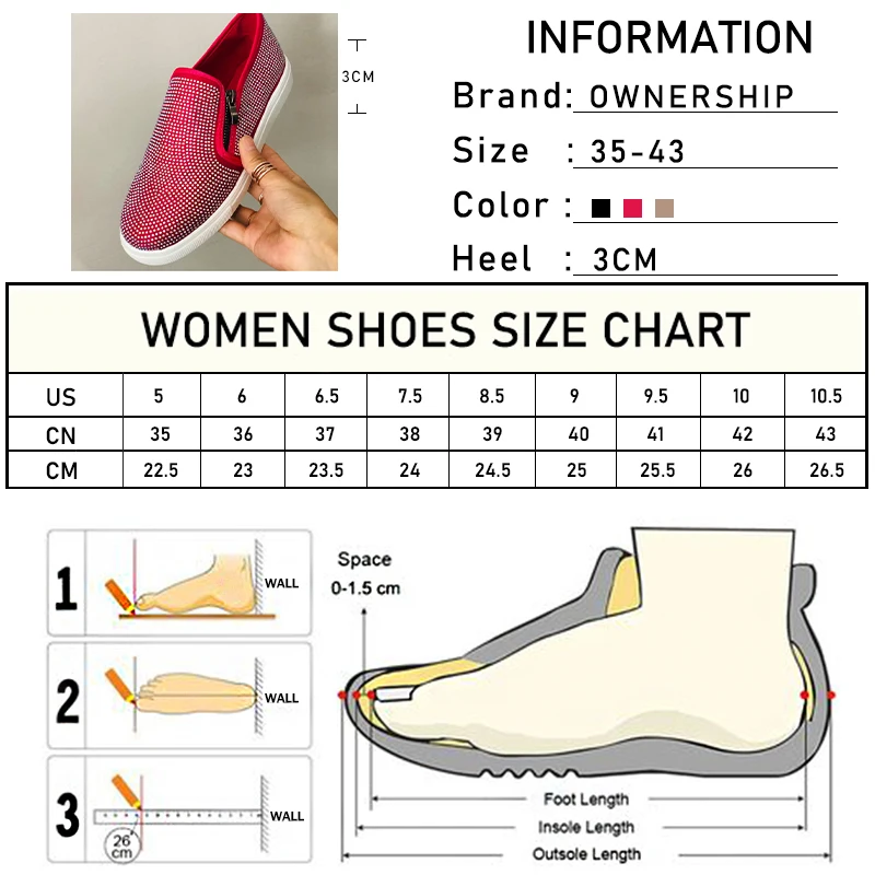 

Woman Sneakers Platform Vulcanized Women Bling Crystal Loafers Autumn Women's Casual Flats Female Zip Sport Shoes Big Size 35-43