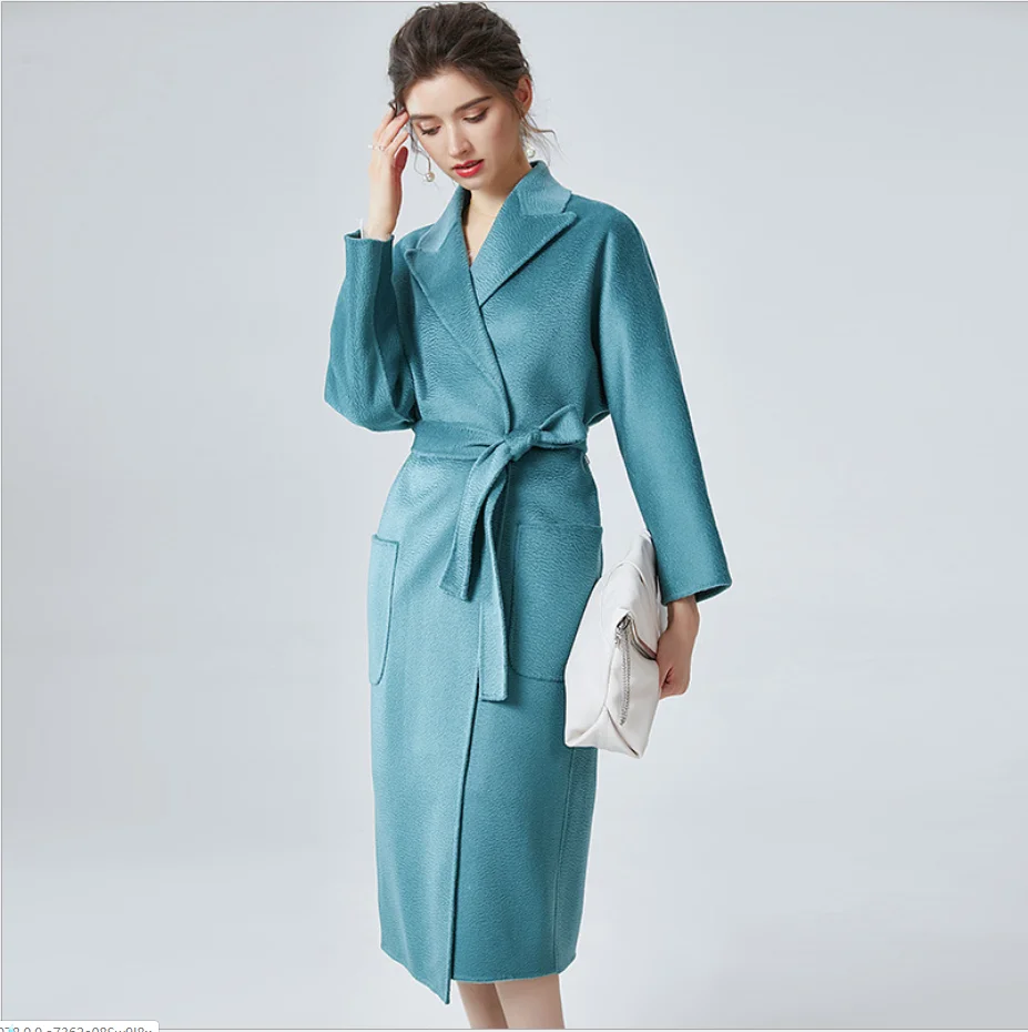 

female Cashmere coat Double-sided jacket new high-grade overcoat water ripple loose lace outwear long woolen coats female jacket