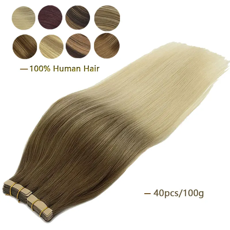 

40pcs Tape in Extensions Skin Weft Adhesive Tape in Human Hair Extension Invisible Remy Straight Balayage Blonde Color Omber
