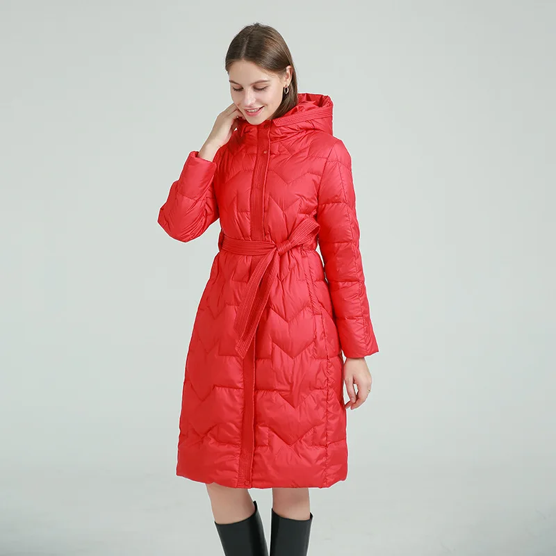 Women's down jacket long loose 2021 New version hooded waist lacing 90% white duck down fashionable High qualitywarm coat