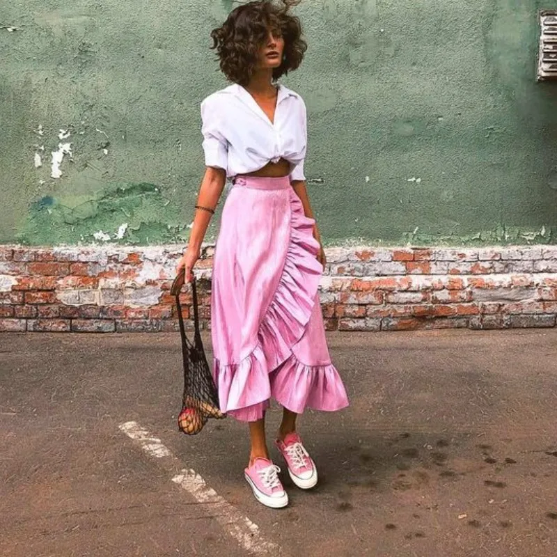 

Модная уличная Женская юбка с завышенной талией, плиссированные юбки длиной ниже колена, юбка А-силуэта, юбки розового цвета, шикарная юбка на заказ