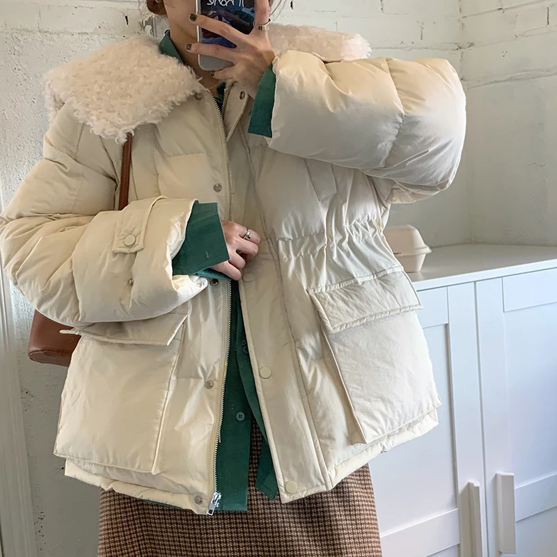 

Lucyever Winter Fur Lapel Women's Bread Parka Thick Warm Cute Cotton Padded Jacket Woman Korean Style Christmas Pumpkin Coat