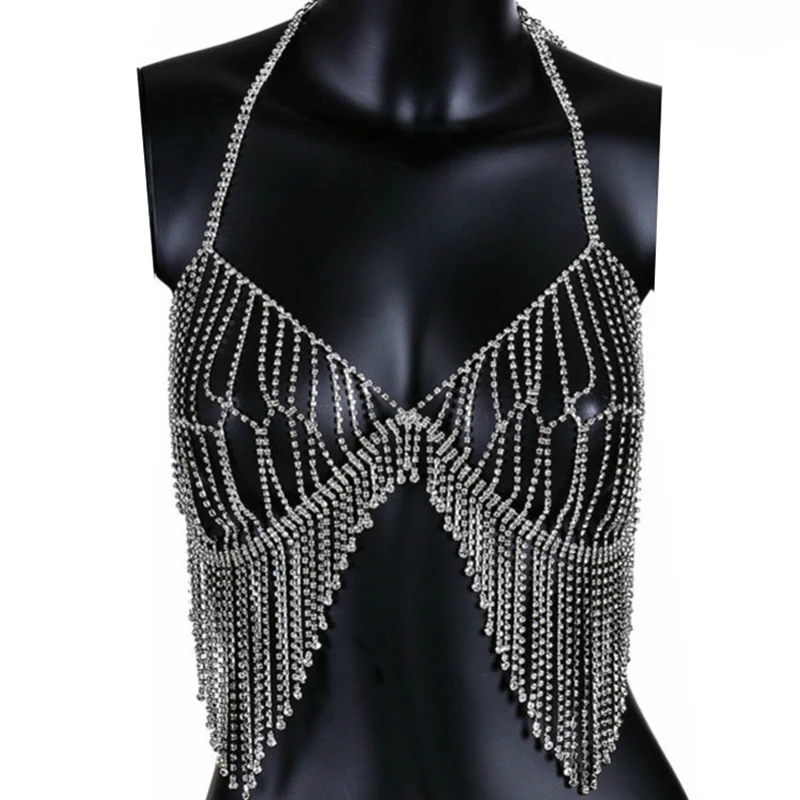 Женский бюстгальтер со стразами и кисточками на цепочке блестящий женский топ