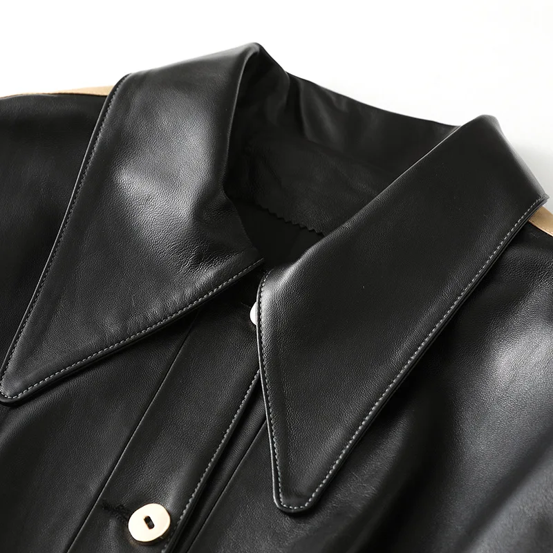 2021 Spring New Sheepskin Black Splicing Khaki Coat Women's High Quality Genuine Leather Casual Loose Motorcycle Jacket