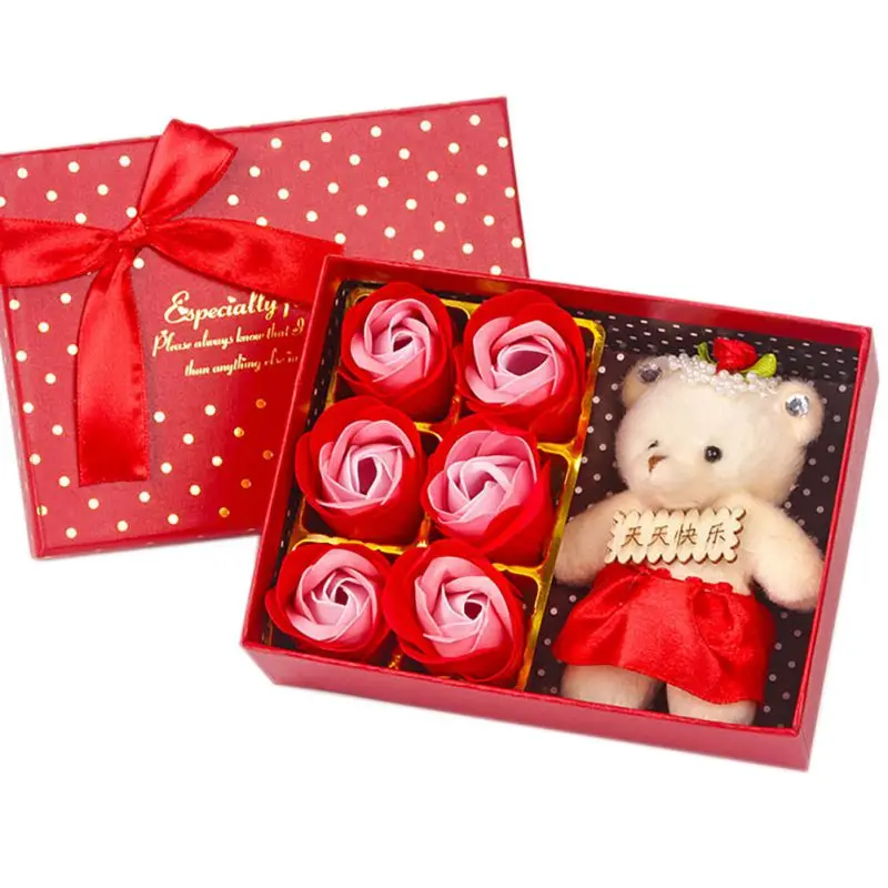 6 шт. ароматическое мыло розы цветы с 1 милый медведь кукла Подарочная коробка День Святого Валентина Свадебная вечеринка украшения подарки для ванны мыло для тела