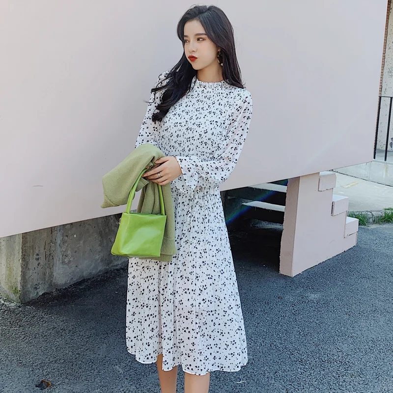 Женское шифоновое платье с длинным рукавом черное праздничное цветочным принтом