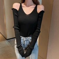 fashion chic bottoming sweater women v neck hollow out off shoulder long sleeve knitwear top slim warm soft jersey mujer